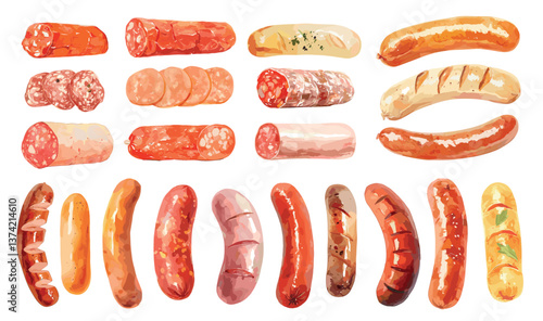 Watercolor sausages. Tasty bbq hot dog, meat food snack delicious salami pepperoni, fat grill product set vector illustration
