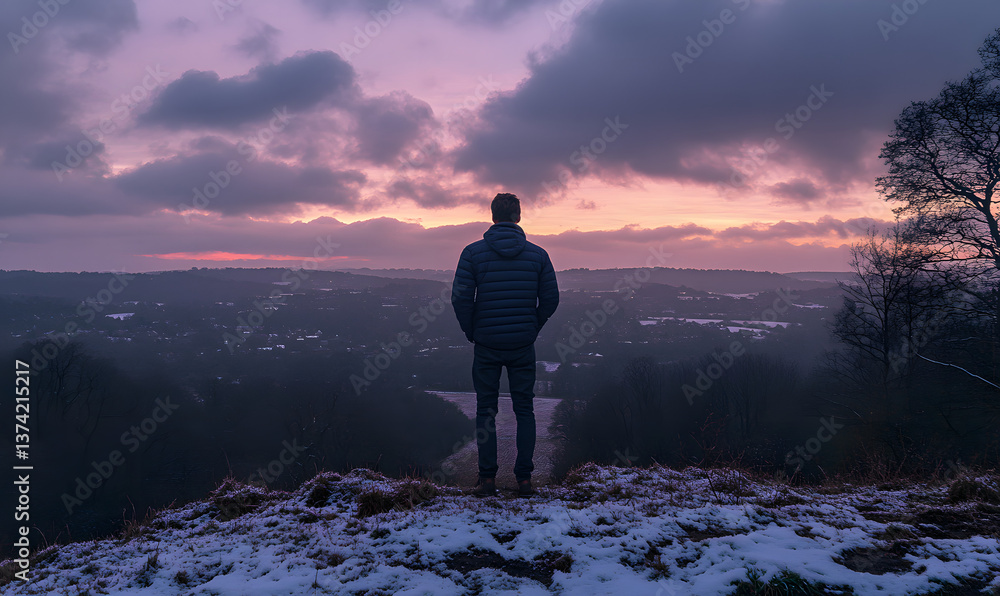 Fototapeta premium Man watching from the top of the mountain, traveler, sunset, dusk, outdoor sports, explorers, travelers, clouds, sun, backlight, sun, business, off-road, advertising, posters, wallpaper, base map