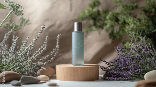 product photography mockups of various skincare essences transparent shampoo, cream, serum, oil,  containers set on a wooden podium in the gradient herbal background. mockup 