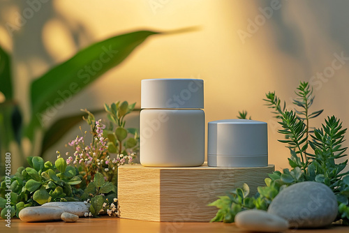 product photography mockups of various skincare essences white shampoo, cream, serum, oil,  containers set on a wooden podium in the gradient herbal background. mockup 