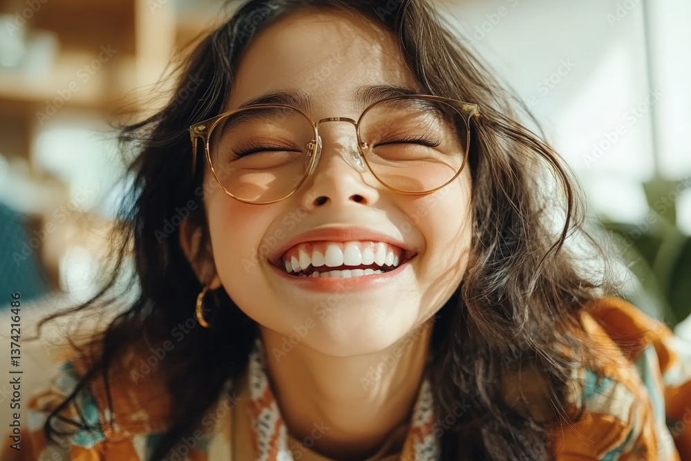 Joyful Young Woman with Glasses Smiling Brightly Joyful Young Woman with Glasses Smiling Brightly