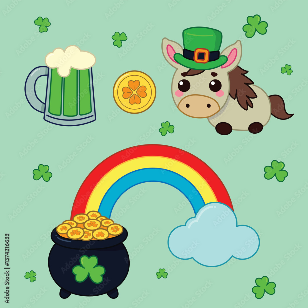 Fototapeta premium A cute St. Patrick's Day vector illustration featuring a donkey in a leprechaun hat, beer, gold coin, rainbow, pot of gold, and shamrocks on a light green background. Perfect for festive designs.