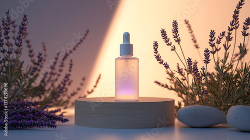 product photography mockups of various skincare essences transparent shampoo, cream, serum, oil,  containers set on a wooden podium in the gradient herbal background. mockup 