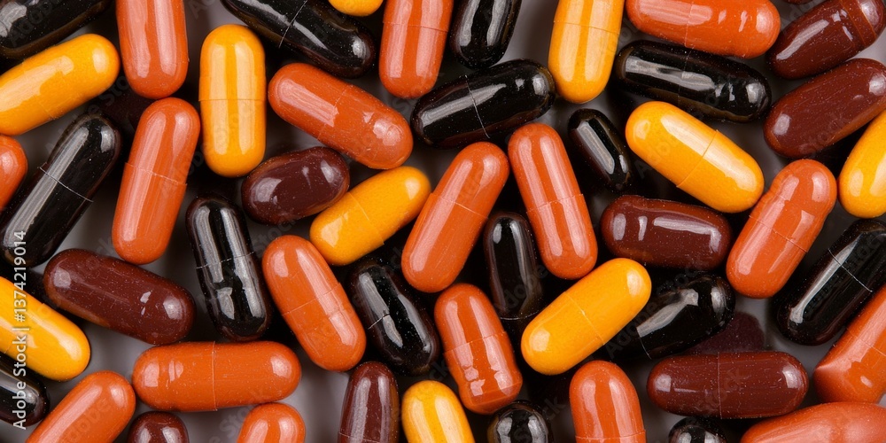 Group of orange capsules and black supplement pills scattered on vibrant background in overhead style representing modern pharmaceutical dosage contrast and health product visual balance Group of orange capsules and black supplement pills scattered on vibrant background in overhead style representing modern pharmaceutical dosage contrast and health product visual balance