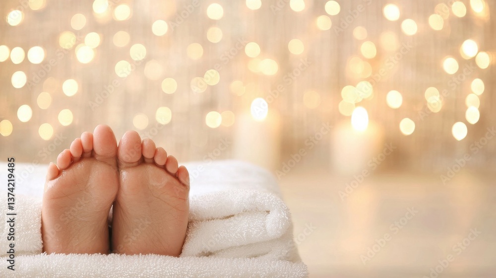 Naklejka premium Relaxing spa setting with bare feet surrounded by soft lights and candles.