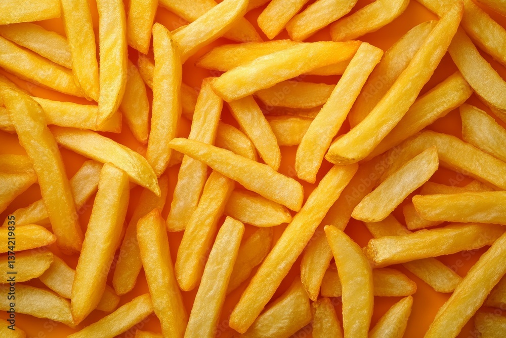 Delicious golden french fries forming a pattern on an orange background, creating an appetizing flat lay composition Delicious golden french fries forming a pattern on an orange background, creating an appetizing flat lay composition