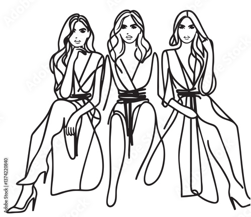 Fashion models sketch. Crowd. Girl in dress