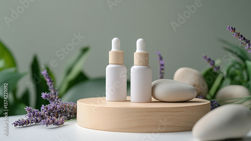 product photography mockups of various skincare essences white shampoo, cream, serum, oil,  containers set on a wooden podium in the gradient herbal background. mockup 