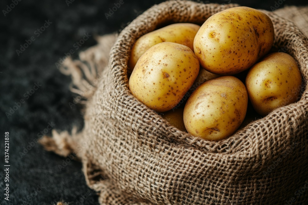 Freshly harvested potatoes sit in a burlap sack, ready for the market or kitchen Freshly harvested potatoes sit in a burlap sack, ready for the market or kitchen
