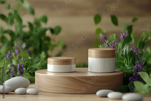 product photography mockups of various skincare essences white shampoo, cream, serum, oil,  containers set on a wooden podium in the gradient herbal background. mockup 