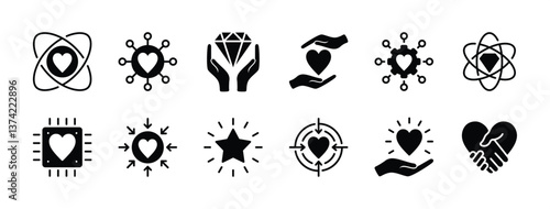Core values icon vector set. Containing business, empathy, service, Integrity, mission target, innovation, friendship, technology, success, responsibility. Illustration