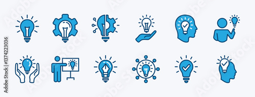 Set of innovation icon vector. Light bulb with gear and head symbol. Containing Creative idea, creativity, solution, suggestion, inspiration, presentation, smart thinking. Illustration