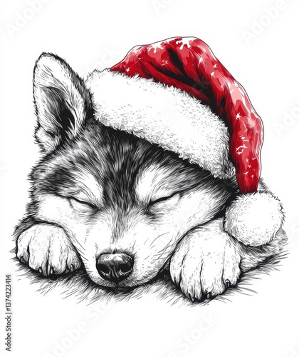 Sleeping Akita Inu Dog Wearing a Red and White Santa Claus Hat Graphic Illustration