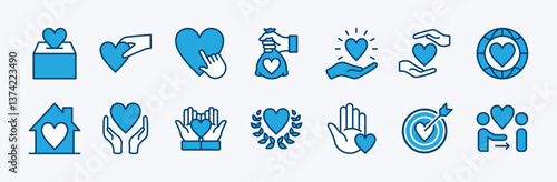 Set of charity icon vector. Contains nubes love, care, empathy, donation, help, volunteer, solidarity, support, social, assistance, give, together, relationship, target, global, community illustration