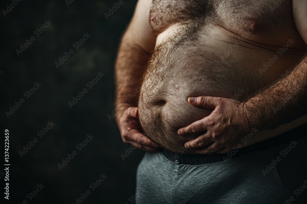Naklejka premium Overweight man holding his large belly, concept of obesity and unhealthy lifestyle