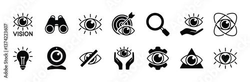 Eye vision icon vector set. Containing telescope, magnifier, search, eyesight, webcam, cctv camera, binocular, no, light bulb, core value, accuracy target, visible, invisible, blind, find setting