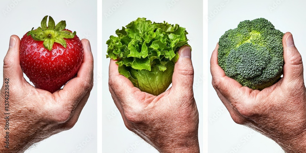 Healthy red strawberry and green broccoli held in hands symbolizing food based nutrition for immune support and natural lifestyle balance in clean eating wellness concept