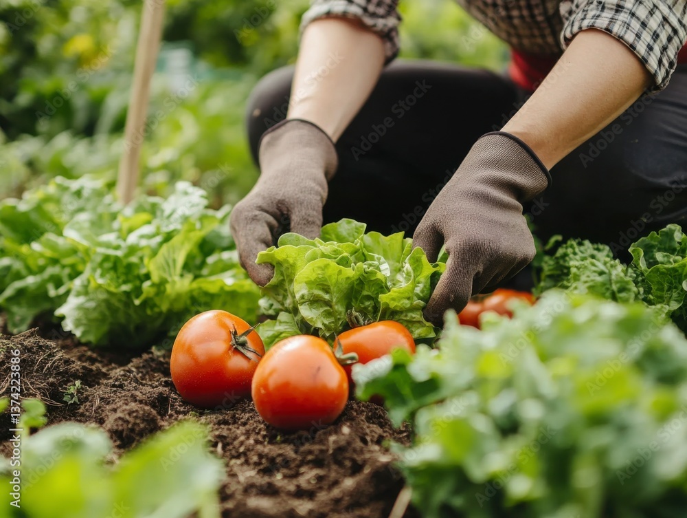 Fototapeta premium Harvesting Ripe Tomatoes and Lettuce in a Garden