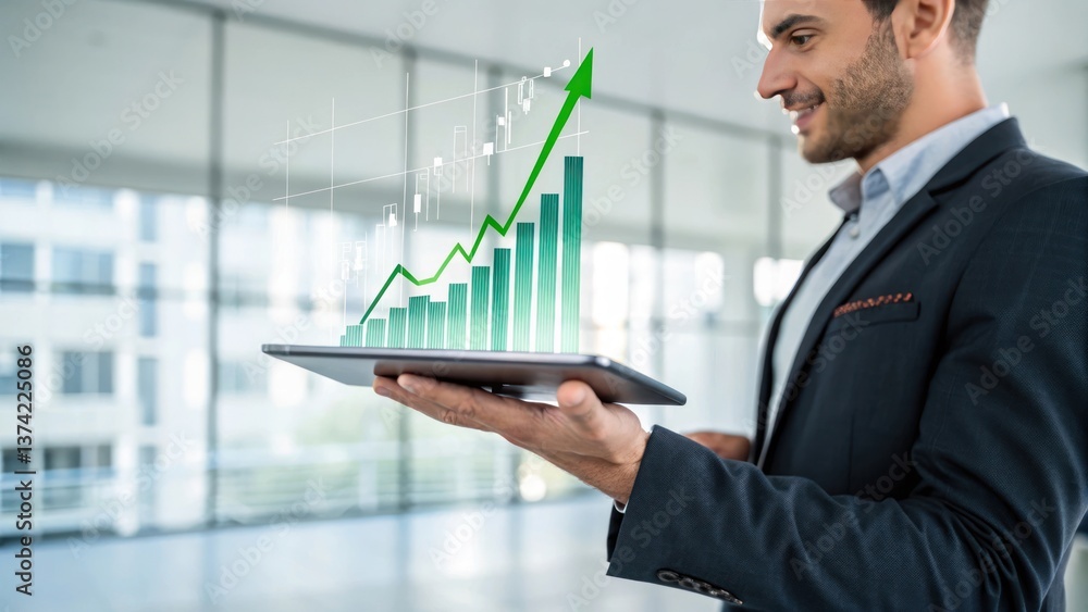 a businessman looks at a tablet displaying a graph with an upward arrow, signifying growth and success. The expression on his face indicates confidence and optimism a businessman looks at a tablet displaying a graph with an upward arrow, signifying growth and success. The expression on his face indicates confidence and optimism