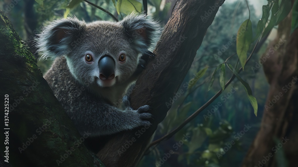 Fototapeta premium Close-up of a koala perched on a tree branch in a dense forest setting, showcasing its distinct features and expressive eyes amid lush green foliage