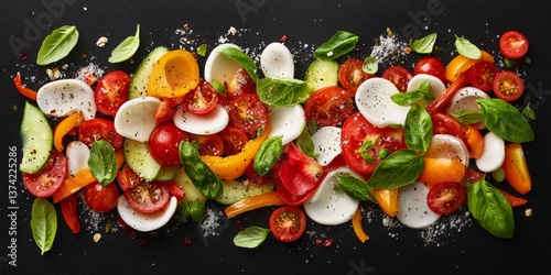 Fresh vegetable mix arranged on black pan showing healthy cooking concept for nutrition and balanced diet layout in culinary lifestyle stock image for recipe and health trends