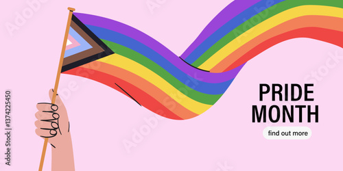 Hand hold rainbow lgbt flag and celebrate pride month, week or day vector flat illustration. LGBTQ support social media banner or post template, greeting card or party invitation on pink background.
