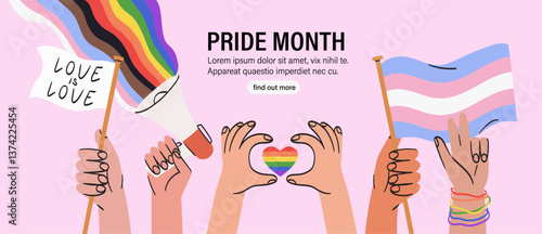 People hold megaphone and flags with lgbt rainbow and transgender flag during pride month celebration against violence, descrimination, human rights violation. Equality and self-affirmarmation.