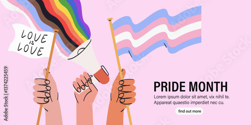 Human hands hold megaphone with transgender and lgbt rainbow flags during pride month or day celebration or parade. LGBTQ banner placard or poster template on pink background. Party invitation card.