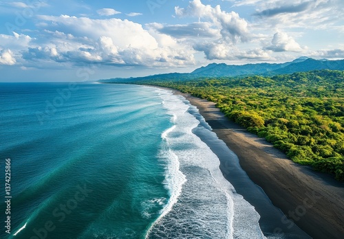 Fototapeta Naklejka Na Ścianę i Meble -  Aerial View of Dark Sand Beach Meeting Turquoise Ocean Beside Lush Green Forest on Coastline Under Cloudy Sky in Guanacaste