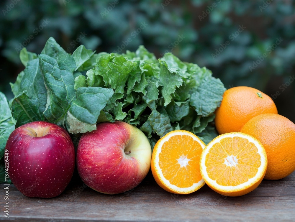 Red Apples Oranges and Leafy Greens on Wooden Table Red Apples Oranges and Leafy Greens on Wooden Table