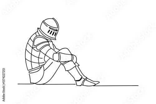 Solitary Medieval Knight, Line Art, Sad, Depressed, Armor, Defeat, Grief, Contemplation, Warrior, Lo
