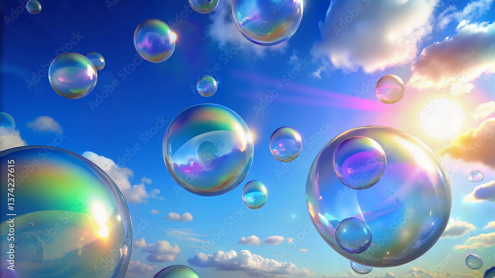 Floating soap bubbles in bright blue sky Floating soap bubbles in bright blue sky