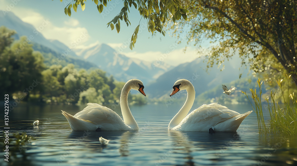 Fototapeta premium swans in the lake with snow mountain view