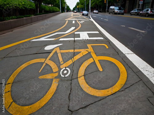 Wallpaper Mural Bike Lane on Pavement: An urban scene featuring a dedicated bike lane marked on the pavement with bright yellow paint, guiding cyclists along a city street amidst car traffic. Torontodigital.ca