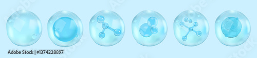 3D water drop. Circle cell. DNA sphere or glass science droplet. Transparent collagen and vitamin serum blobs. Hydrating molecule. Fluid structure. Vector moisturizing product elements set