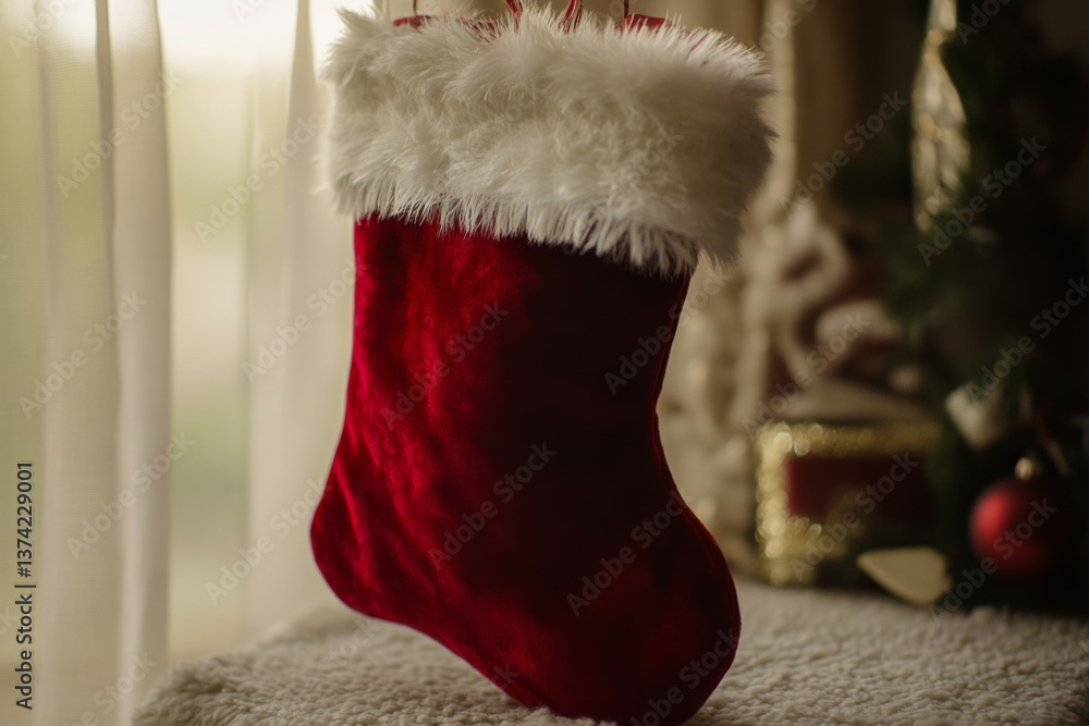 A festive red Christmas stocking hangs by the window. It features fluffy white trim. Perfect for holiday décor and gift ideas. Capture the spirit of Christmas. Generative AI