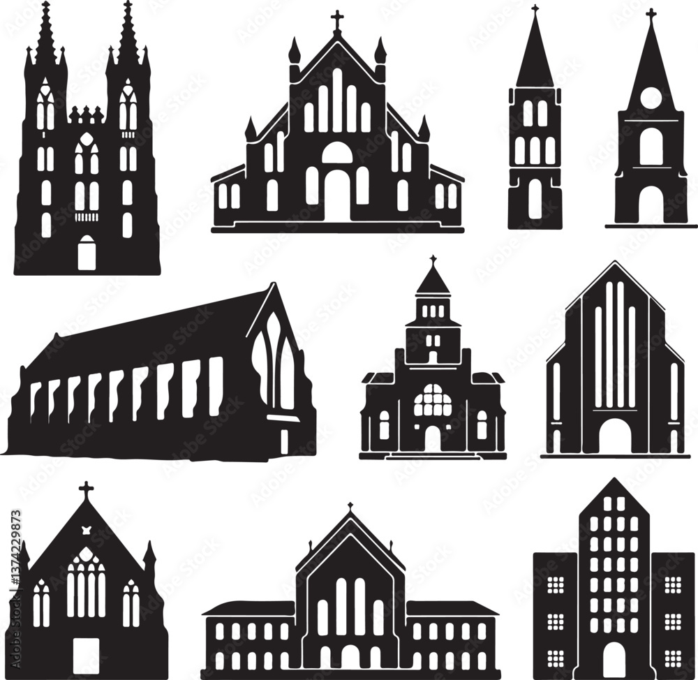 Fototapeta premium SET OF BLACK VECTOR VARIOUS CHRUCH SILHOUETTES, 