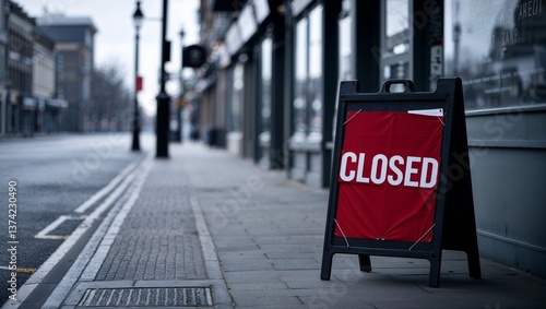 A prominent closed sign stands outside a business on a deserted street.