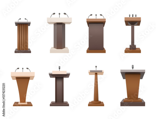Speech podium. Lecture speaker stand with mic. 3D speaking platform with microphone. Wood tribune front view. Orator stage. Conference debate pulpit. Vector isolated wooden rostrums set