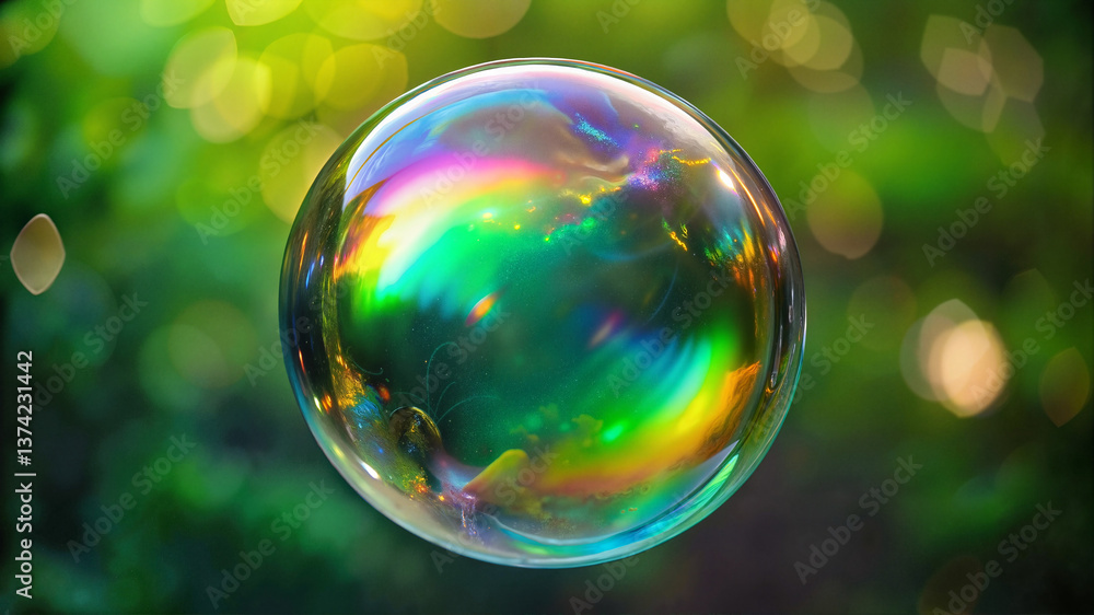 Single soap bubble floating over green bokeh background Single soap bubble floating over green bokeh background