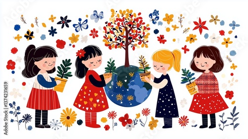 Wallpaper Mural Kids planting trees around the Earth in flat vector illustration with bright friendly colors   Torontodigital.ca