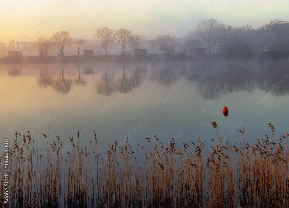 beautiful misty sunrise at the Frisian Lake