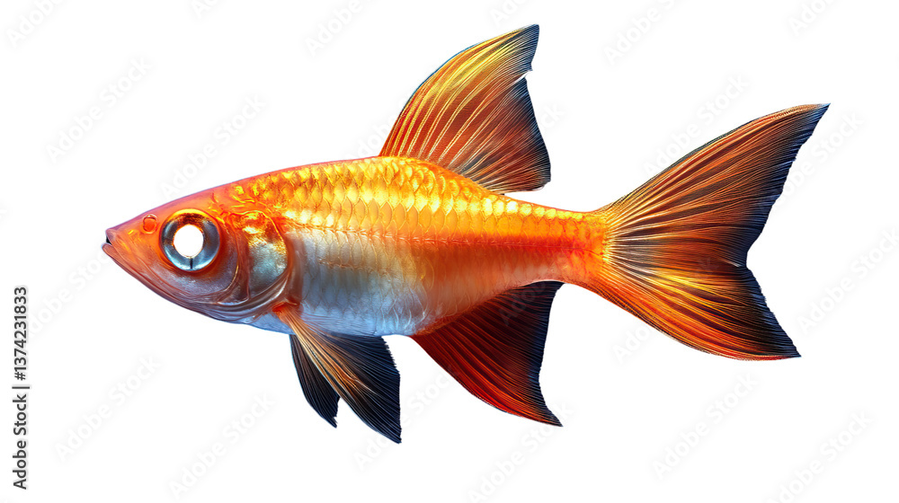 Obraz premium Golden Fish: This vibrant golden fish gracefully swims through an unseen aquatic realm, its scales shimmering. This photorealistic image captures the underwater serenity.