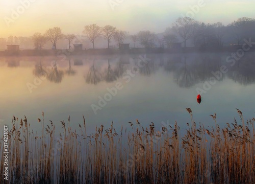 Obraz na płótnie beautiful misty sunrise at the Frisian Lake w salonie