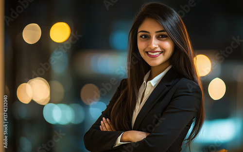 Confident Young Businesswoman Smiling with Arms Crossed in Modern Office Setting at Night