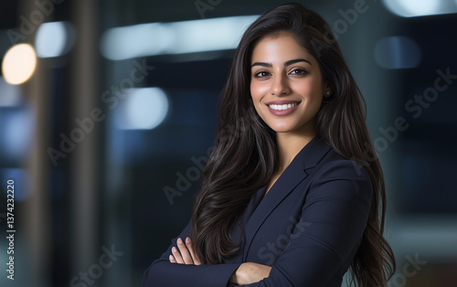 Confident Smiling Businesswoman with Arms Crossed in Modern Office Setting