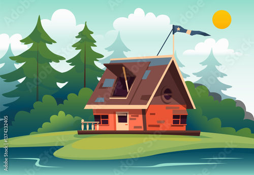 Home exterior. Real estate. Suburb house. Wild tree forest and river. Residential building. Riverside house. Woodland dwelling facade. Cottage in nature. Summer landscape. Vector panorama