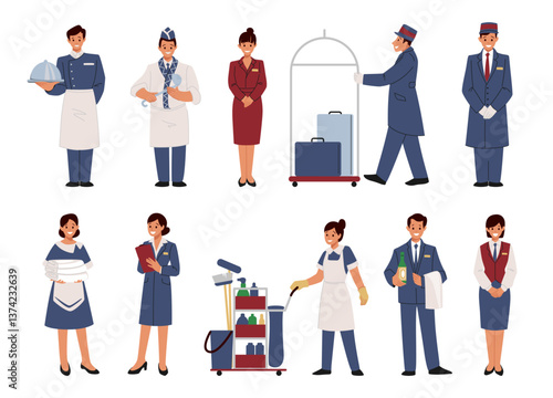 Hotel staff. Hospitality service, restaurant manager and work employee characters, catering profession. Professional maid, receptionist and security. Vector cartoon flat isolated illustration