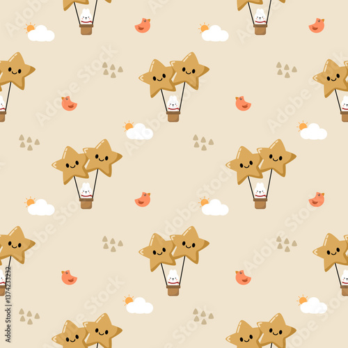 Rabbit in hot air balloon star cartoon so cute. On bird cloud sun background. Pattern seamless vector illustration. 