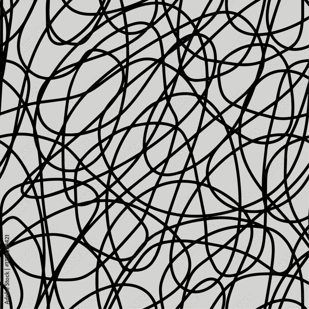 Obraz premium Vector scribble seamless pattern. Abstract careless lines hand drawn black and white illustration. Continued lines ink drawing style, energetic scratches, artistic scribbles, free hand style 